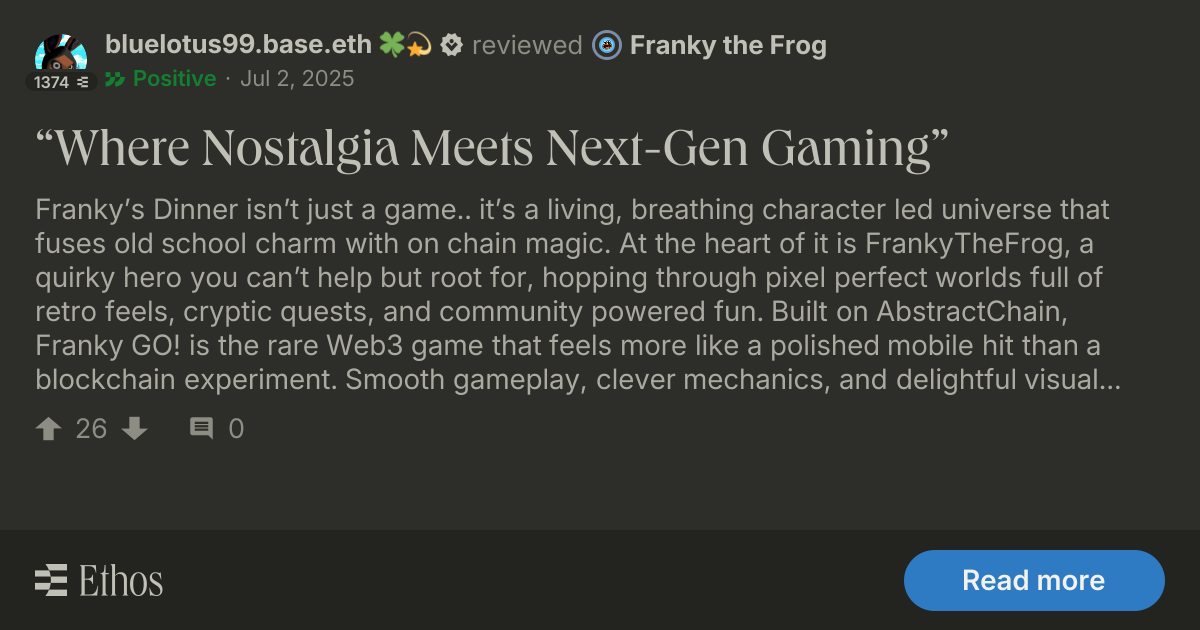 bluelotus99.base.eth 🍀💫 left a positive review for Franky the Frog